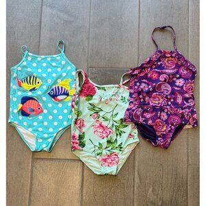 Gymboree Girl's Lot of 3 One-Piece Swimsuits sz 5 Floral Fish Applique Mosaics